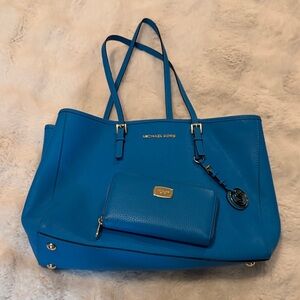 Michael Kors Bright Blue Leather Tote with Matching Wallet and Gold Hardware